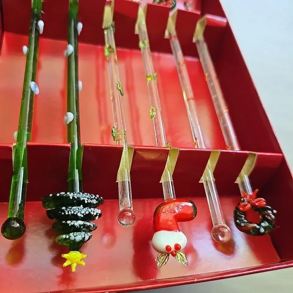 Boston Warehouse Christmas Hand Blown Glass Swizzle Stick Set Of 6 EUC Unused